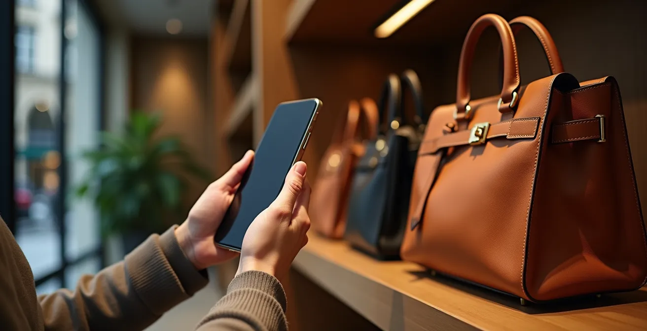 Main d'une personne tenant un smartphone qui photographie un sac en cuir de luxe dans une boutique parisienne.