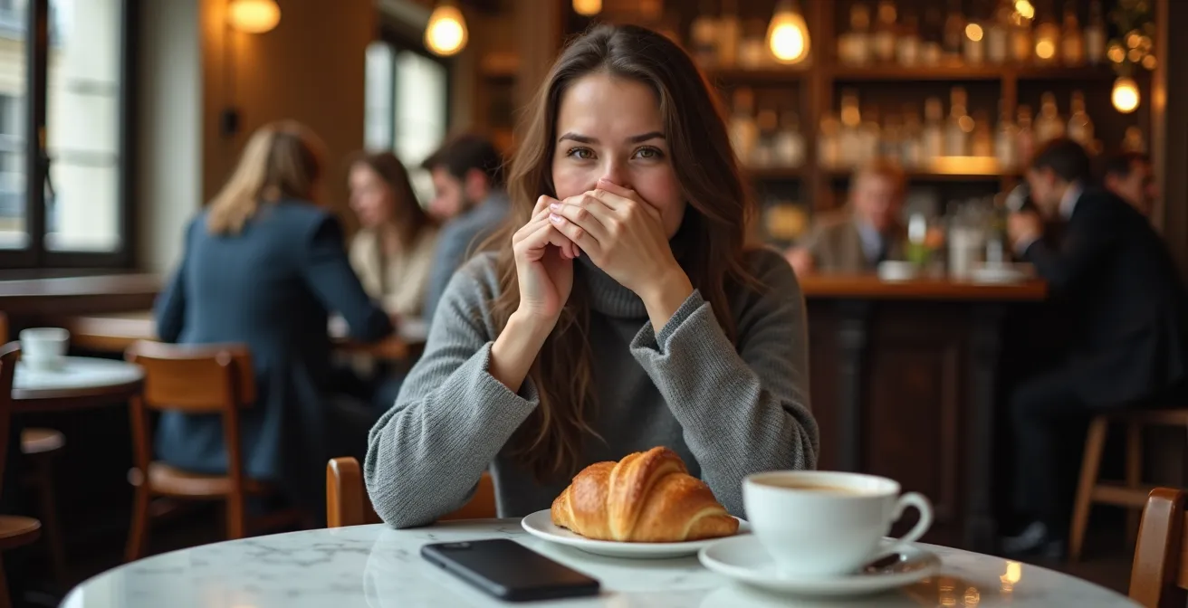Personne utilisant un assistant vocal dans un café français avec smartphone posé sur table