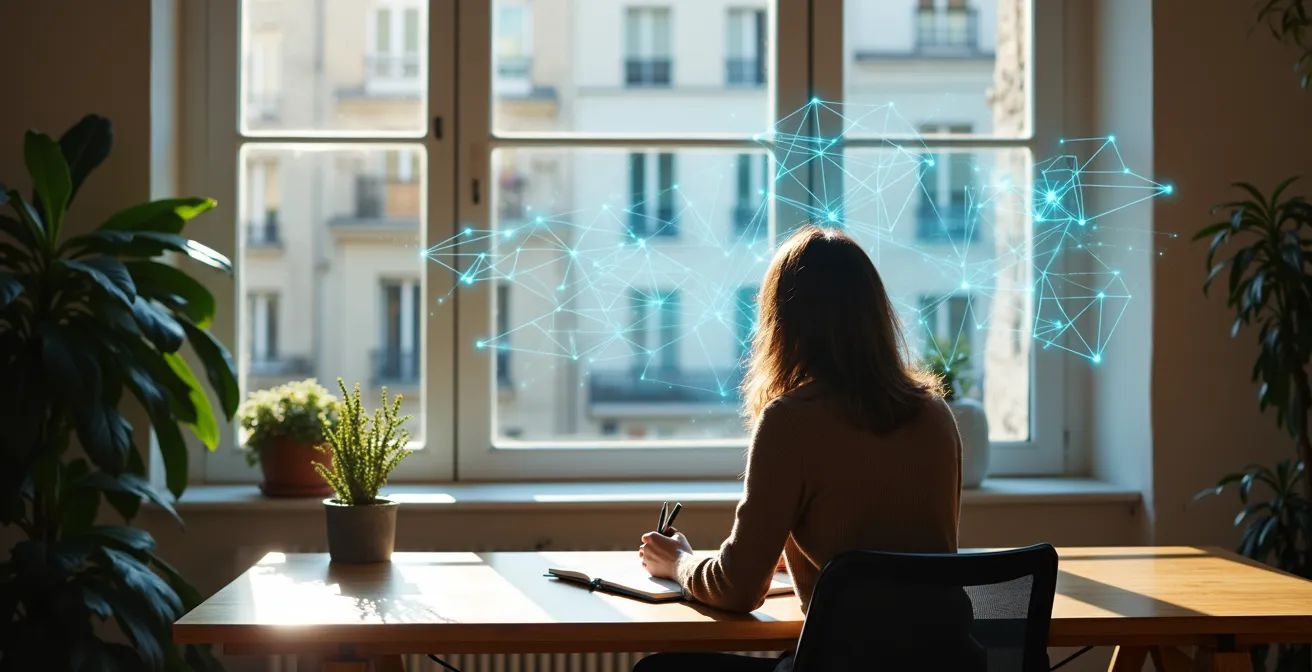 Rédacteur travaillant en synergie avec l'intelligence artificielle dans un espace créatif