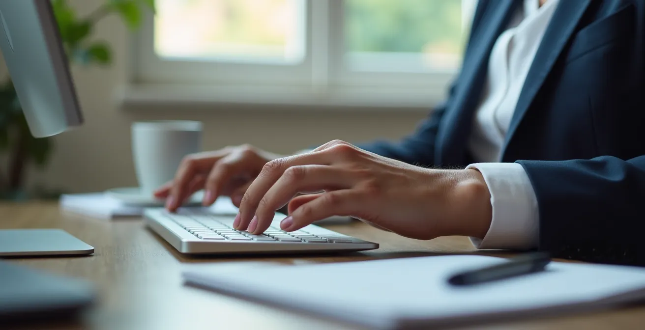 Manager répondant professionnellement à un avis client sur ordinateur dans un bureau français