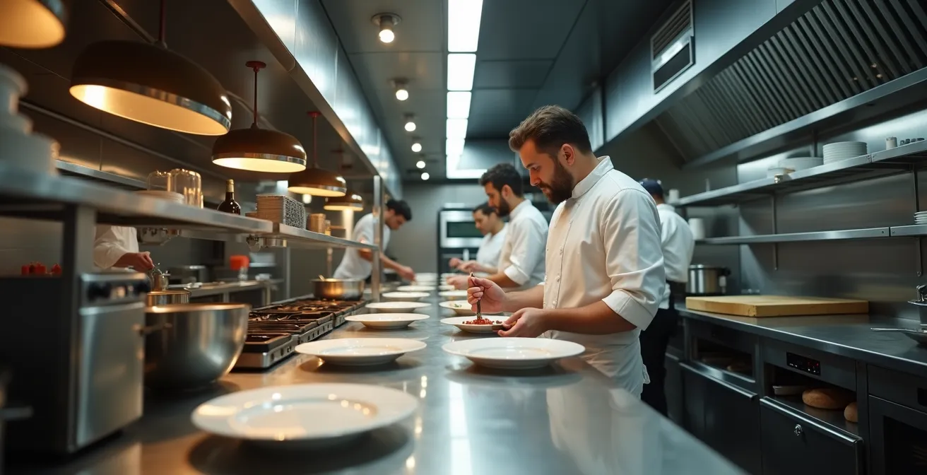 Cuisine professionnelle de restaurant étoilé avec différents postes de travail symbolisant les algorithmes Google