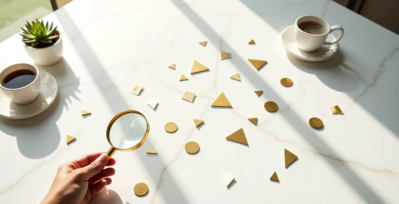 Vue aérienne minimaliste d'un bureau moderne avec des éléments géométriques dorés représentant l'analyse de données