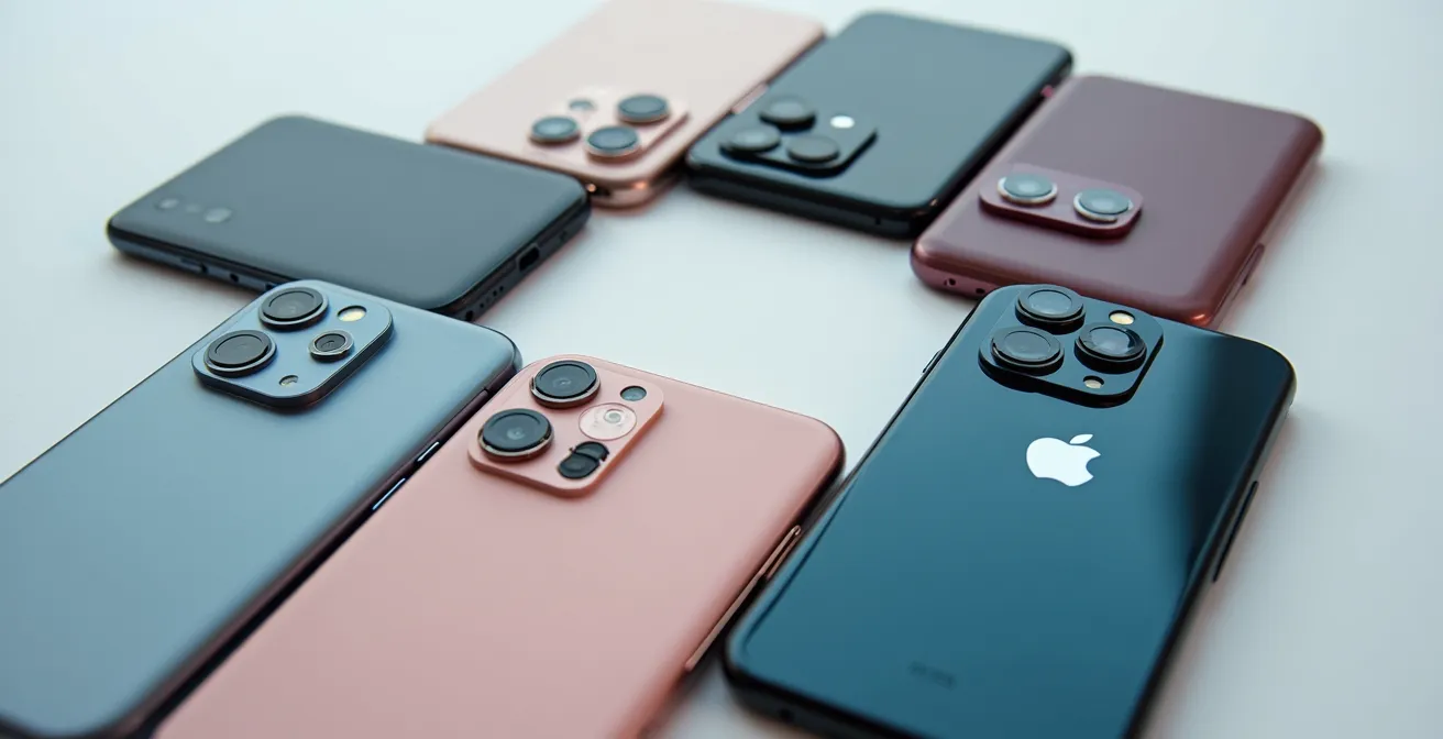 Vue macro d'écrans de smartphones disposés en cercle montrant différentes interfaces de réseaux sociaux vues de dos