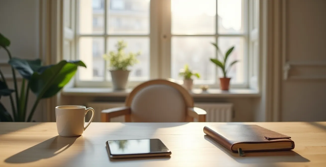 Espace de travail minimaliste avec smartphone posé et carnet de notes suggérant la surveillance stratégique