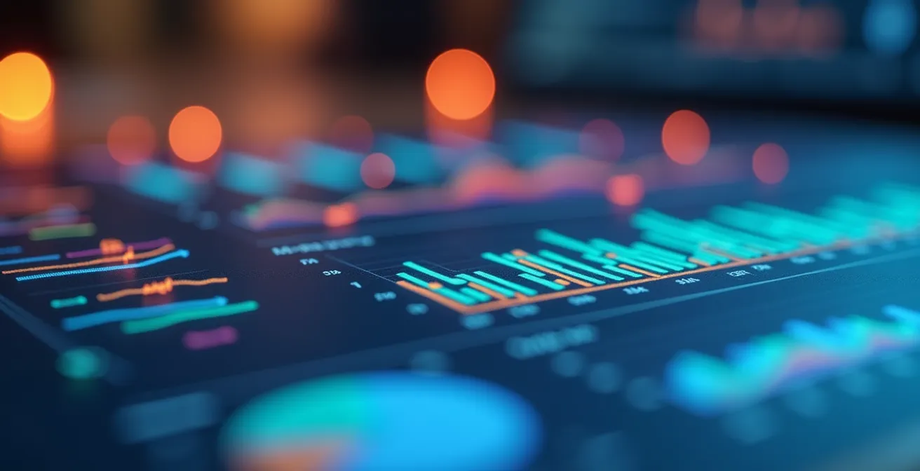 Vue macro d'un tableau de bord avec graphiques colorés et indicateurs de performance SEO