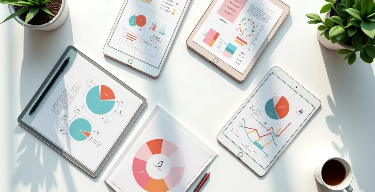Vue aérienne d'un bureau avec plusieurs tablettes et papiers montrant des graphiques colorés et des visualisations de données, représentant l'analyse SEO multi-sources