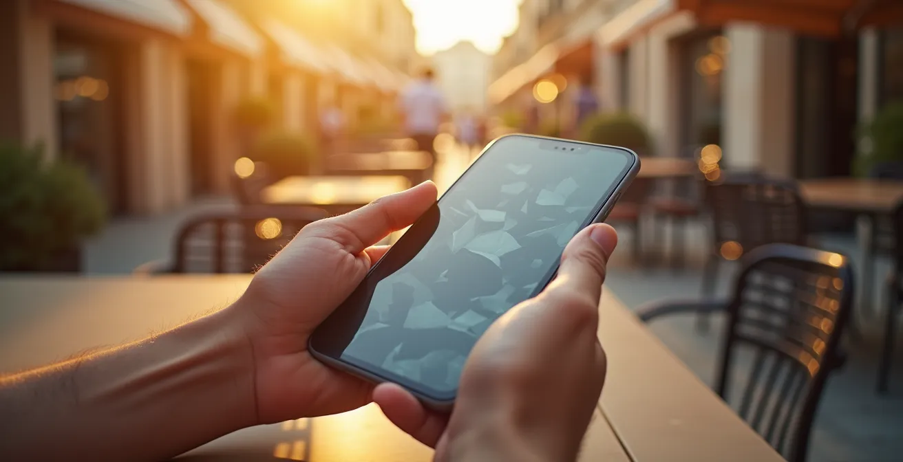 Écran de smartphone en terrasse ensoleillée montrant des problèmes de lisibilité, main tenant l'appareil avec reflets lumineux