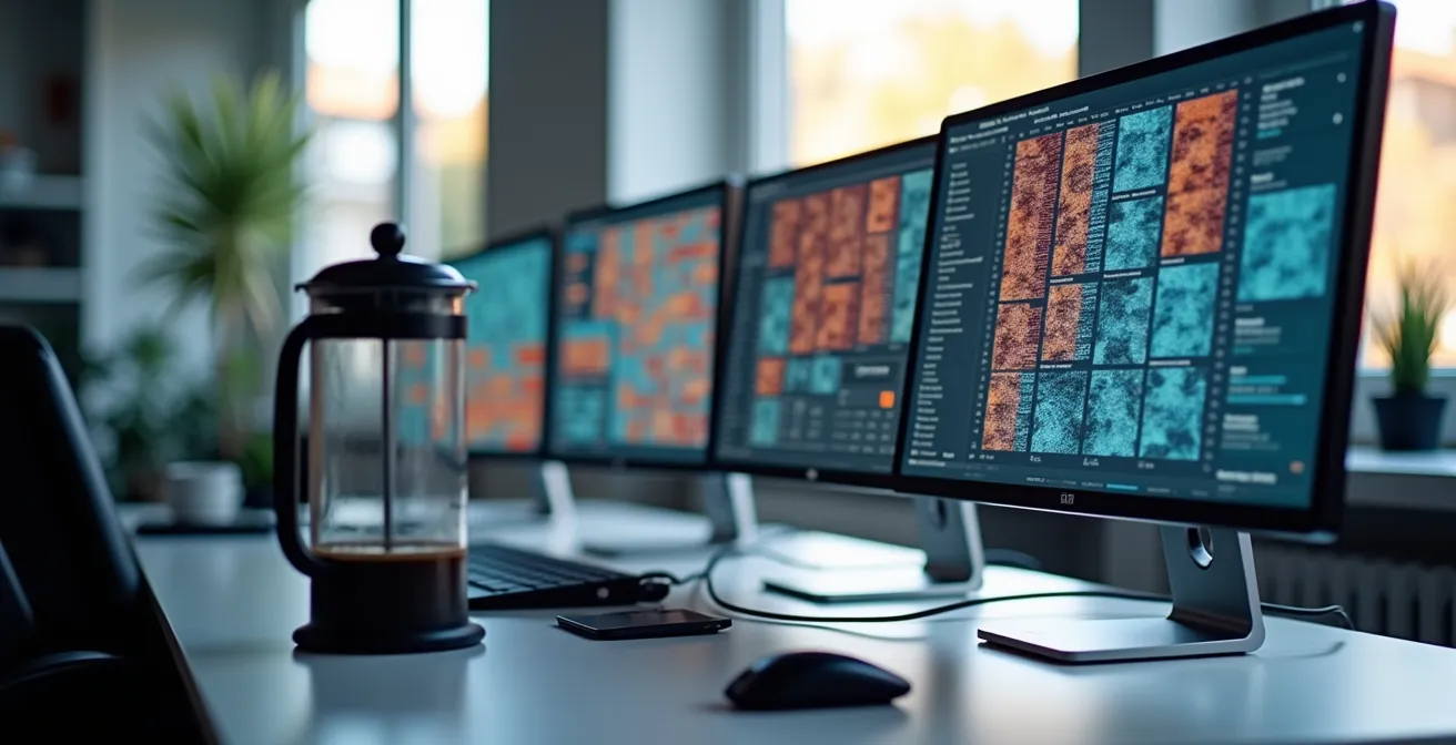 Bureau de travail moderne avec plusieurs écrans affichant des grilles de données abstraites, symbolisant la gestion d'un large catalogue de produits.