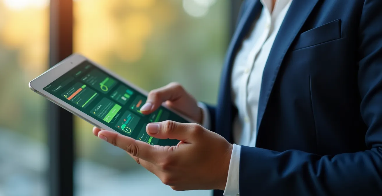 Personne tenant une tablette avec des graphiques colorés représentant des validations réussies